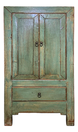 Distressed Light Teal Color Slim End Table Nightstand Cabinet
