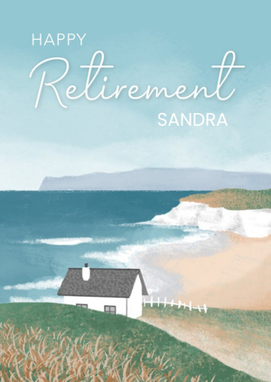 Moonpig Millicent Venton Illustrated House Overlooking The Beach. Happy Retirement Card
