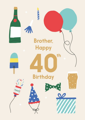 Moonpig Designers Illustrated Cute Party Balloons Brother Happy 40th Birthday Card