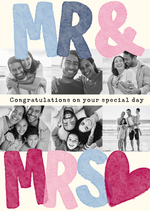 Moonpig Mr & Mrs Watercolour Collage Photo Upload Wedding Card