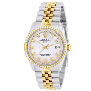 Women's Diamond Rolex Oyster Perpetual Datejust Watch Yellow Gold and Stainless Steel 34mm Mother-Of-Pearl Face