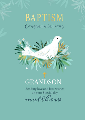 Moonpig Designers Illustrated Dove Typographic Green Baptism Card