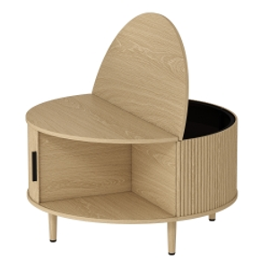 HOMCOM Coffee Table with Lift Top and Hidden Storage, Round Centre Table with Fluted Sliding Door, 80 cm, Natural Wood