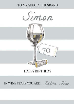 Moonpig Illustration Of A Glass Of Wine On A Striped Background Husband's Seventieth Birthday Card
