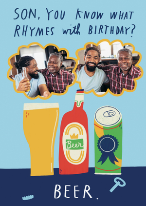Moonpig Alice Mole Illustration Son What Rhymes With Birthday Beer Illustrated Photo Upload Card