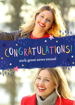 Moonpig Colourful Typography Surrounded By Stars On A Blue Strip Congratulations Photo Upload Card