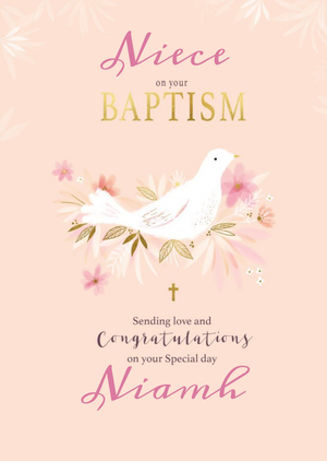 Moonpig Designers Illustrated Dove Typographic Peach Baptism Card