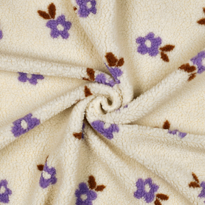 Tissu fourrure Teddy - Fleurs violettes fond écru
