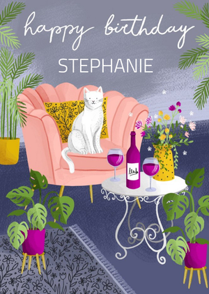 Okey Dokey Design Cute Happy Birthday Cat And Wine Card