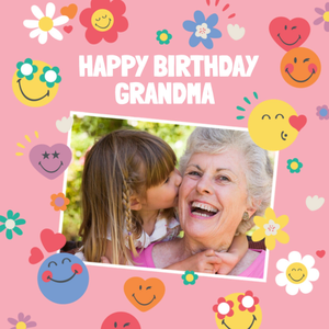 Moonpig Smiley World Flowers And Hearts Happy Birthday Grandma Photo Upload Card