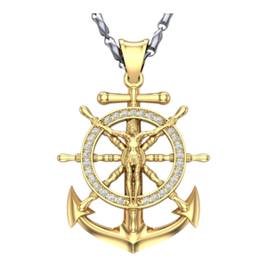 Religious 14K Gold Diamond Anchor Pendant for Men | Jesus Design | 0.7ct