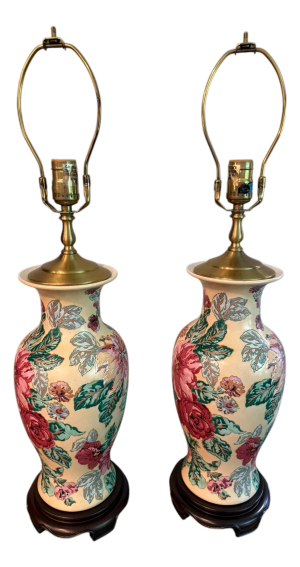 Late 20th Century Wescal Porcelain Floral Lamps on Wood Stands - A Pair