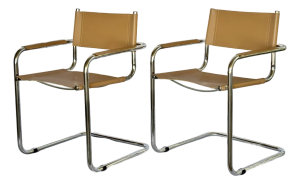 Mid Century Mart Stam Style Leather and Chrome Armchairs - A Pair