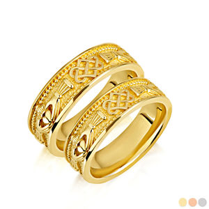 Gold Milgrain Irish Celtic Claddagh Trinity Knot Heart Crown Unisex Band Ring Set (Available in Yellow/Rose/White Gold)