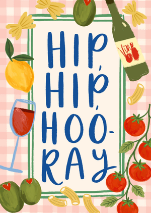 Moonpig Illustrated Food And Wine Hip Hip Hooray Congratulations Card