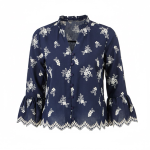 Yumi Navy Broderie Shirt With Fluted Sleeves (M)