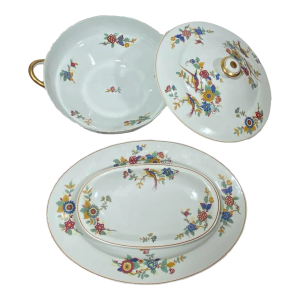 Vintage Charles Ahrenfeldt Limoges France - 4 Piece Serving Set, Florals & Birds, Yellow Band, Smooth
