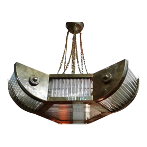 1940s Skyscraper Art Deco Brass & Glass Rod Ship Light Chandelier