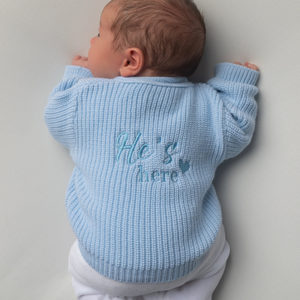 Blue 'He's Here' Ribbed Knitted Cardigan