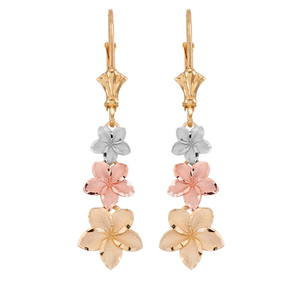 Gold Hawaiian Plumeria Flower Drop Earrings (Available in Tri-Color Gold, Yellow Gold, Rose Gold, White Gold)