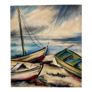 Henry Emil Salloch Original Pastel on Paper Expressionist Harbor Seascape, 1966.