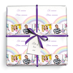 Personalised Birthday Wrapping Paper - Unicorn on Rainbow - Add Text & 2 Photos