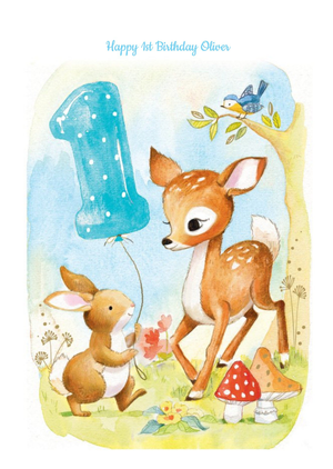 Ling Design Springtime Rabbit And Fawn Personalised Happy 1st Birthday Card