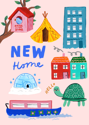 Moonpig Illustrated New Home Card Featuring Different Homes