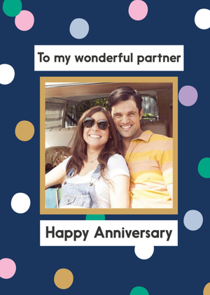 Moonpig Designers Photo Frame On A Colourful Polka Dot Background Happy Anniversary Photo Upload Card