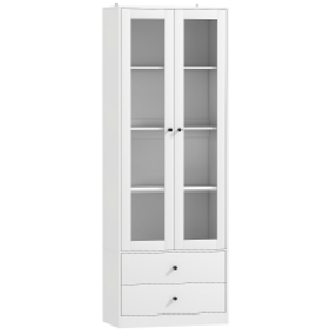 HOMCOM Aparador de Cocina con Armario y 2 Cajones, Puertas de Vidrio y Estantes Regulables, 59x30x164 cm, Blanco