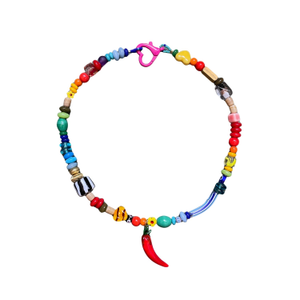 Bengi | Mixed Color Glass Necklace With Handmade Bee And Chili Pepper Figures (20")