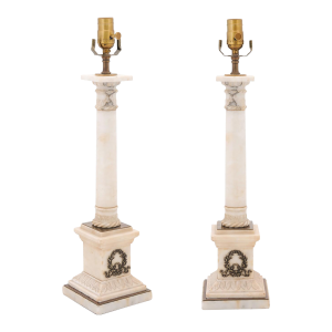 Antique Empire Alabaster Column Lamps With Brass Accents - a Pair
