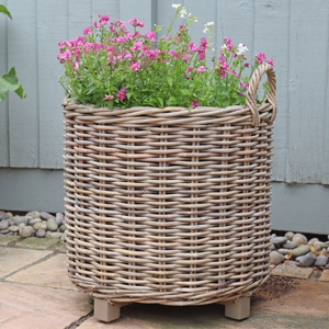 Grey & Buff Round Rattan Wicker Planter with Feet