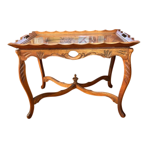 1940’s French Style Carved Parlor Table With Glass Tray Top