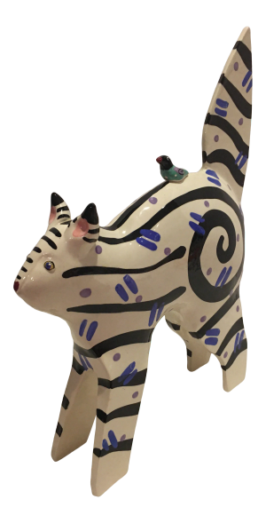 Contemporary 1990’s Colorful Pottery Cat With Bird