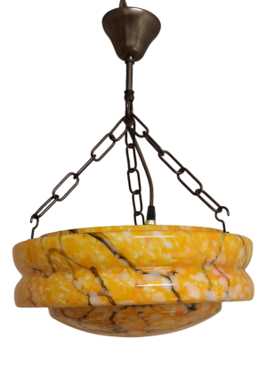 Antique German Art Deco Ceiling Lamp with Yellow-Orange Marbled Glass Bowl on Brass Mount, 1920s
