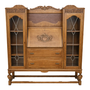 Antique 1920s Oak Leaded Glass Bookcase & Desk Combo Arts & Crafts Era