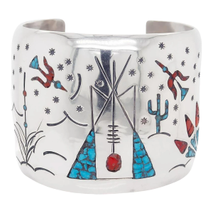 Large Old Pawn Navajo Teepee Design Silver, Turquoise, & Coral Cuff Bracelet