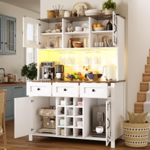 Tall Kitchen Cabinet with Integrated 2 AC + 2 USB Power Strip, Modern Sideboard with 4 Doors & 3 Drawers, 120L x 40W x 170H cm, White
