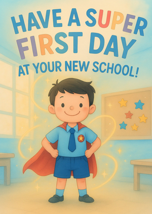 Moonpig Illustrated Superhero Boy Have A Super First Day At Your New School Card