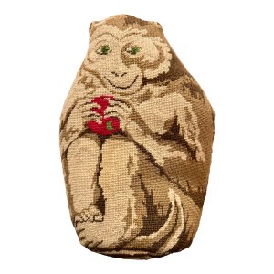 Vintage Needlepoint Monkey Pillow Figural Hand Stitched Accent Pillow 13” X 9.5”