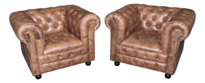 Pair of English Custom Chesterfield Brown Distressed Leather Tufted Club Chairs