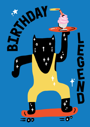 Moonpig Birthday Legend Illustrated Skateboarding Cat Card