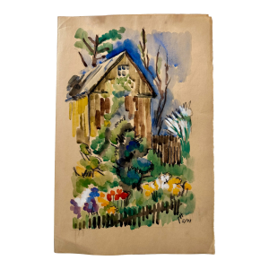 Henry Emil Salloch Original Watercolor on Paper Expressionist Rural Cottage, 1971.