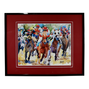 Outsider Folk Art Horse Racing Watercolor by Ron Krajewski