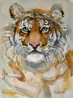Peaceful Tiger, Original Watercolor and Houspaint.