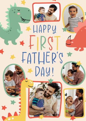 Moonpig Rainbow Party Dinosaurs Happy First Father's Day Photo Upload Card