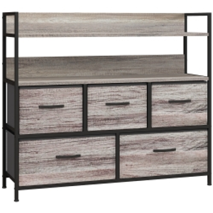 HOMCOM Rustic Chest of Five Fabric Drawers - Grey Wood Effect