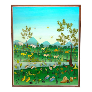 Mid 20th Century Arturo Alcala Mexican Folk Art Painting – Landscape With Birds, Owls, Elephants