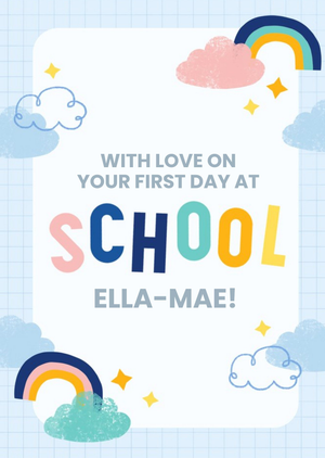 Moonpig Colourful Typography Surrounded By Rainbows And Clouds First Day Of School Card